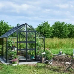 Halls Blockley drivhus 814 + fundament 11,3 m² sort 3 mm hærdet glas
