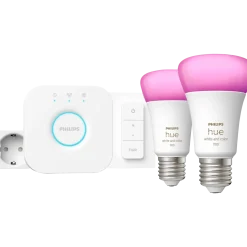 Philips Hue startsæt E27 2-pak m/Hue bridge/smart plug/Dimmer switch