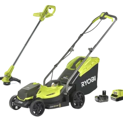 Ryobi kombisæt 18V ONE+ plæneklipper/græstrimmer 4,0Ah batteri og lader