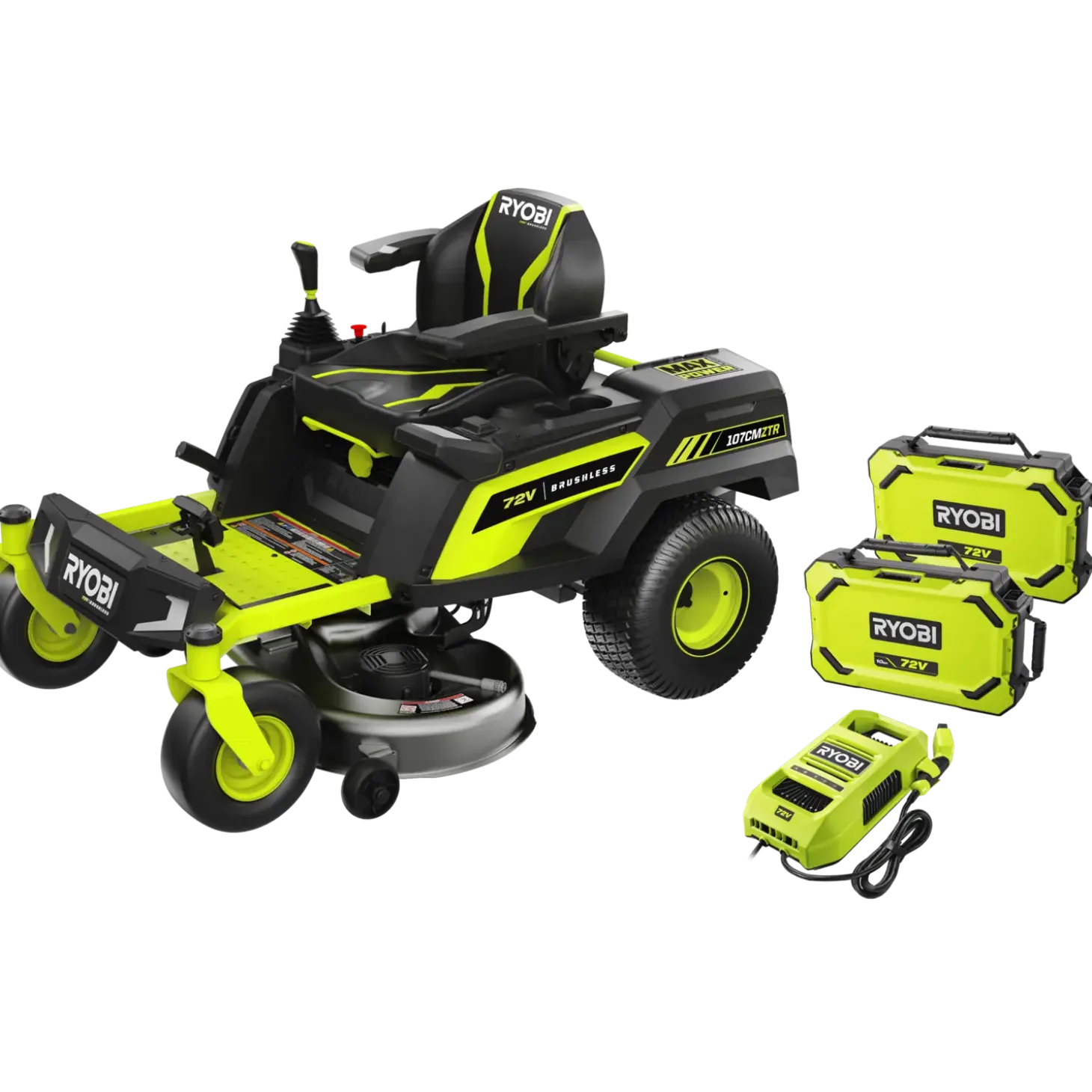 Ryobi RY72ZTRX107-210 72V 107 cm zero turn plæneklipper 2x10 Ah batt.