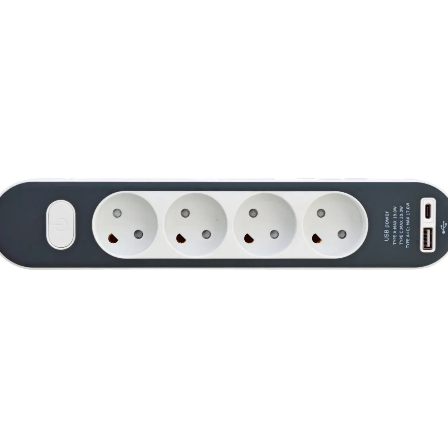 4-stikdåse med ledning og USB A+C uden jord 1,4m
