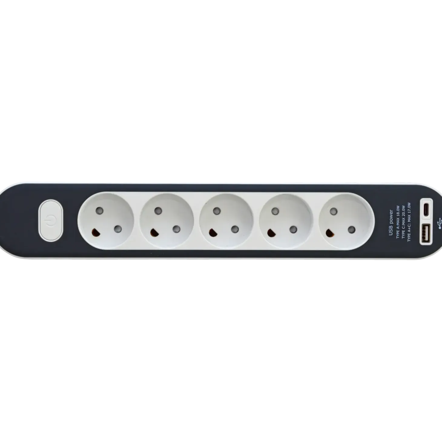 5-stikdåse med ledning og USB A+C uden jord 1,4 m